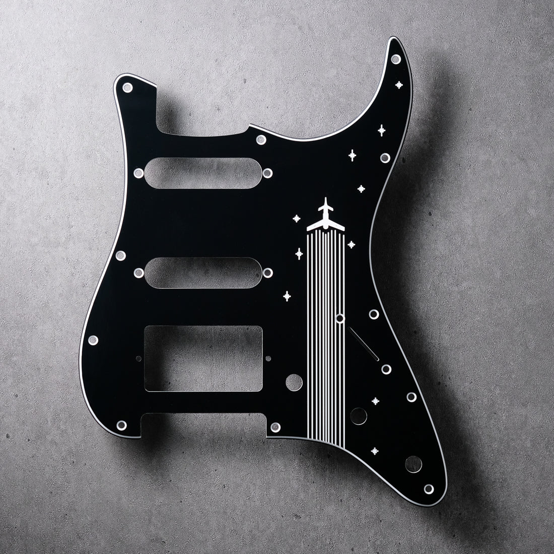 Rockets Away - HSS Stratocaster Pickguard - Black/White/White