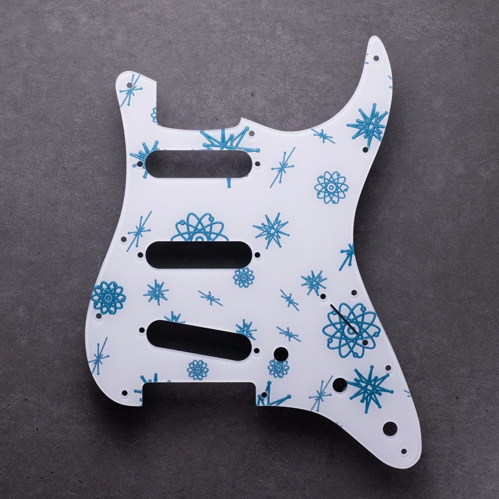 Atomic Age - Stratocaster Pickguard - Ice Blue Metallic on White