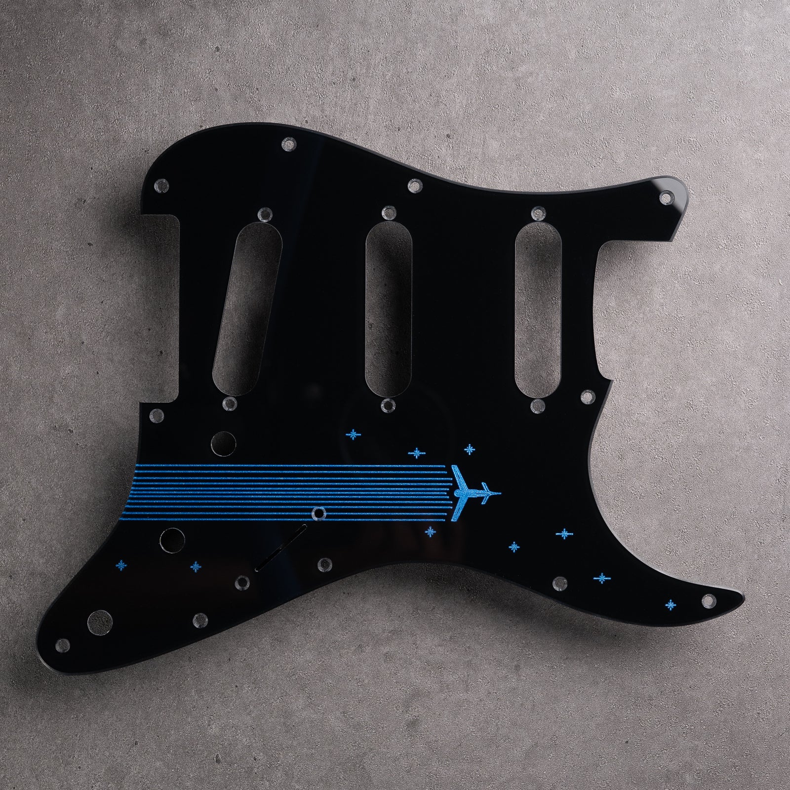 ROCKETS AWAY - Stratocaster Pickguard & Trem Cover - painted LPB on Black