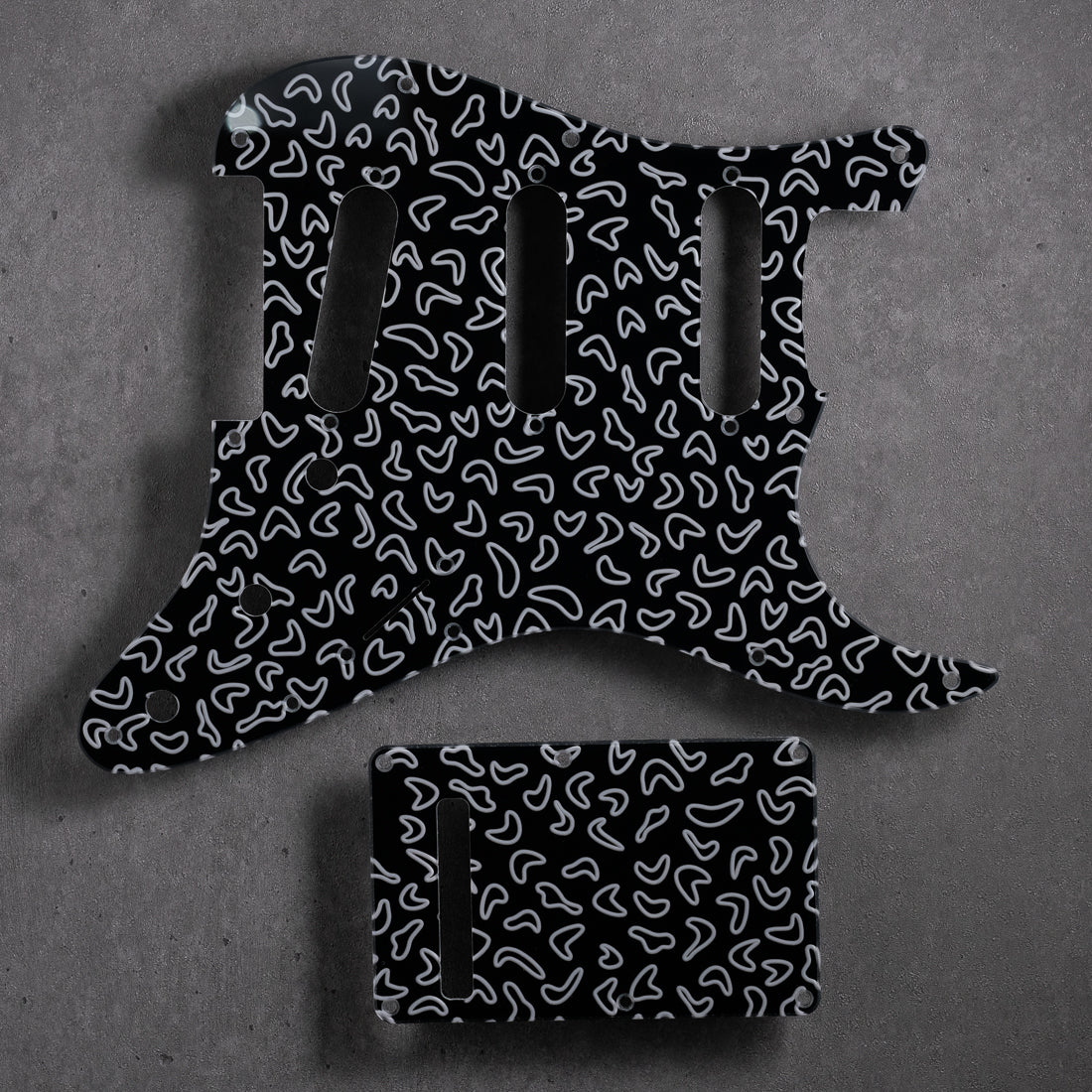 Boomerangs - Stratocaster Pickguard and Trem Cover - White on Black Acrylic