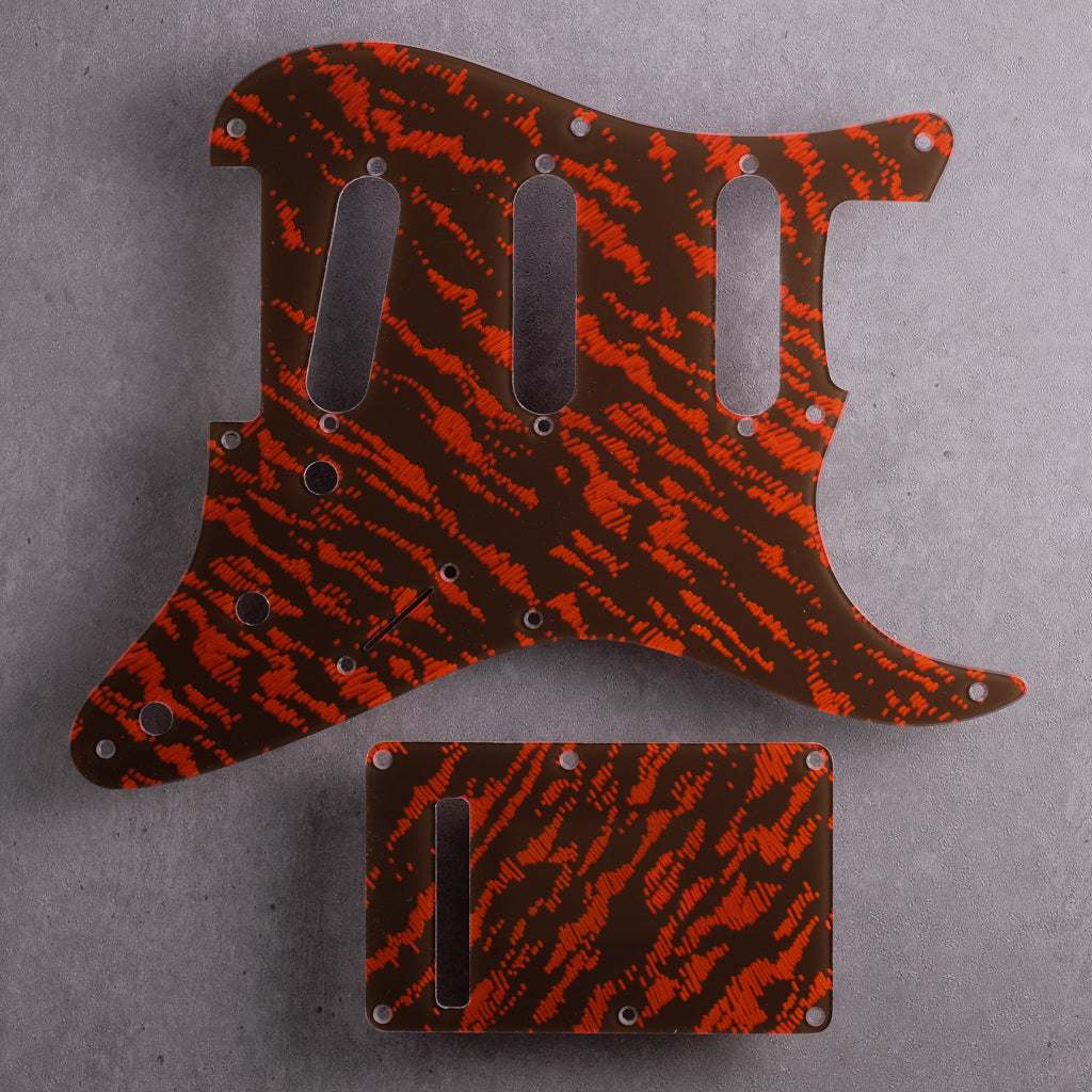 Tiger Tide - Stratocaster Pickguard and Trem Cover - Mars Red on Brown Acrylic