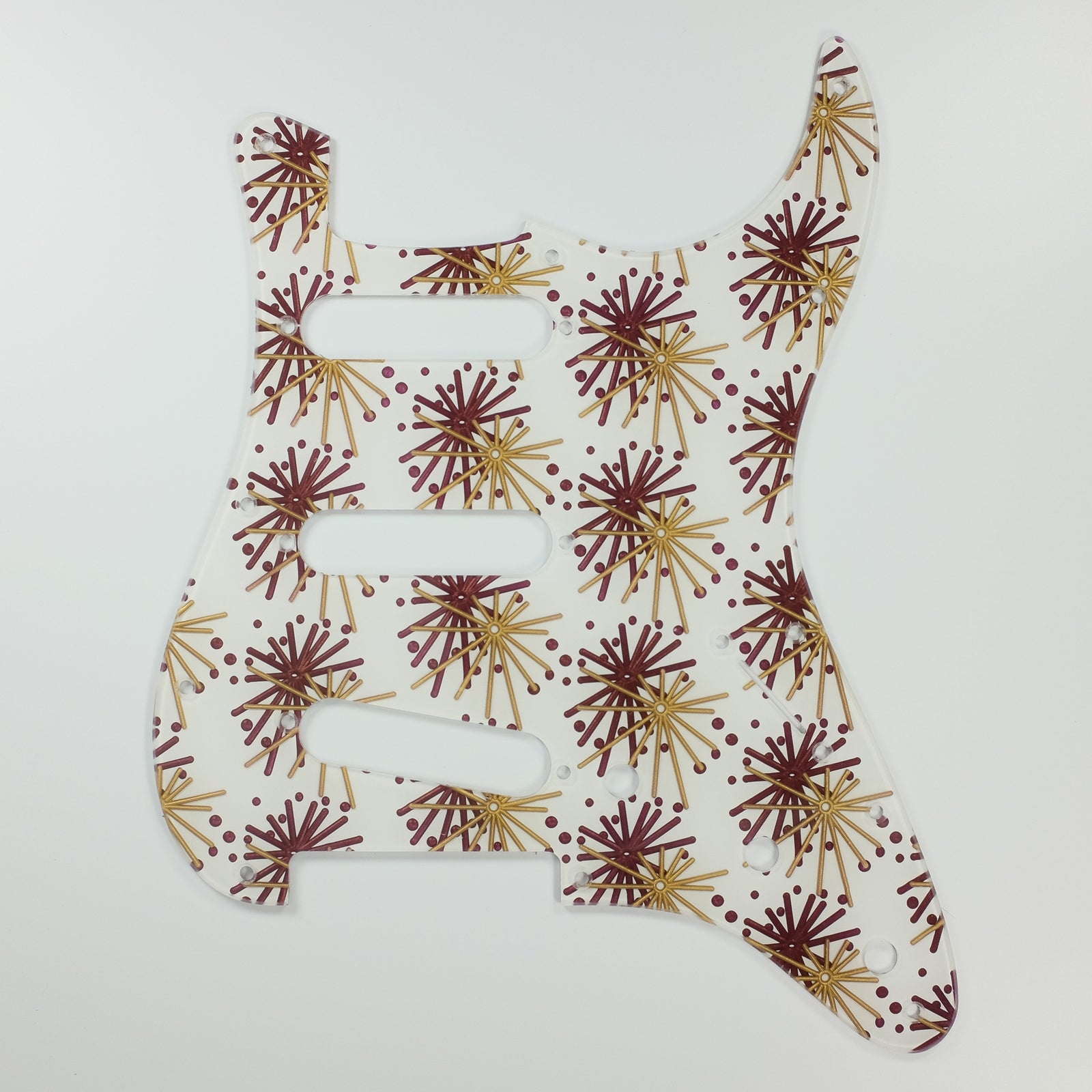 Morning Glory - Stratocaster Pickguard - Burgundy Mist and Gold on White